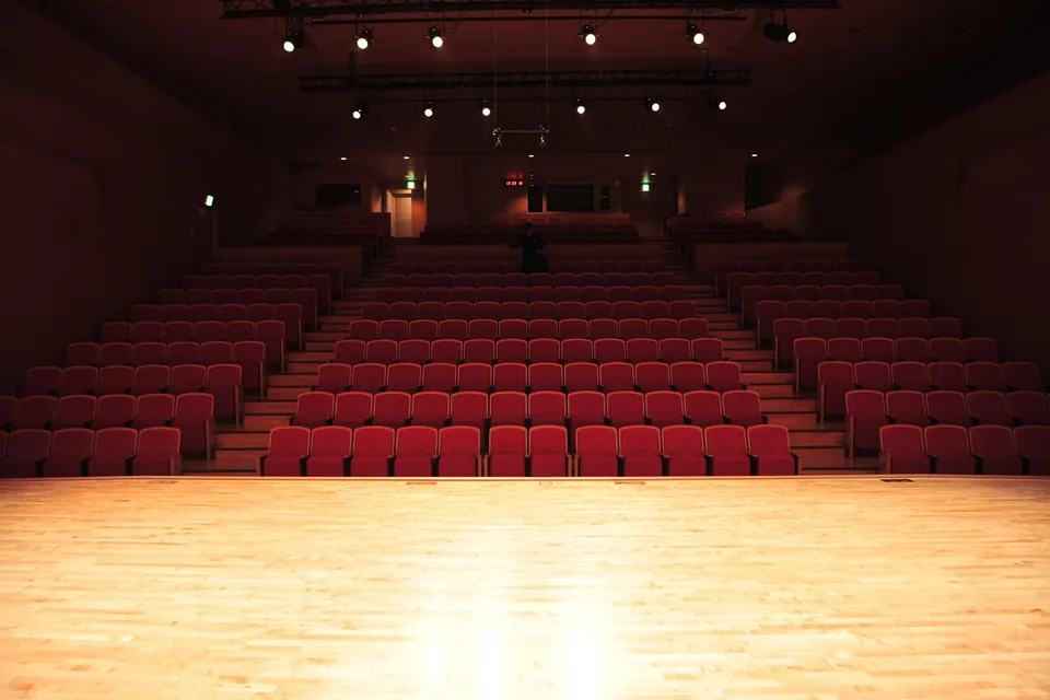 Salle de spectacle aux fauteuils rouges, vue depuis une scène en bois.